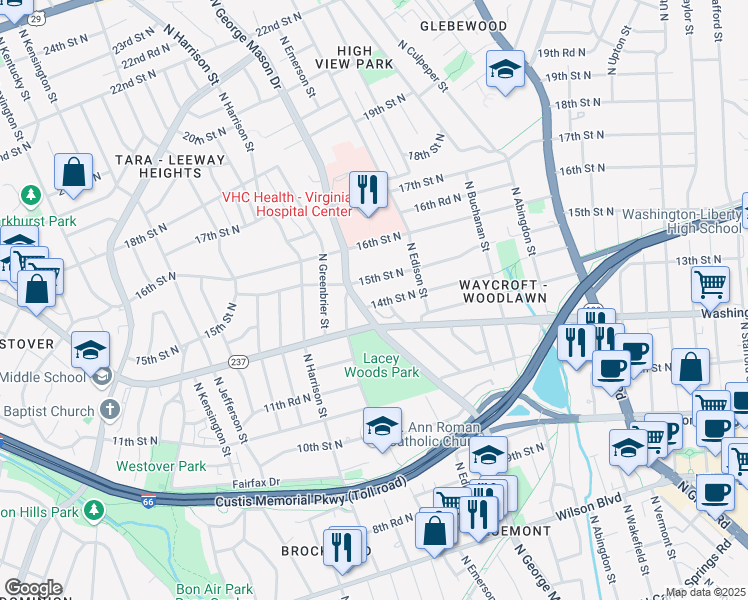 map of restaurants, bars, coffee shops, grocery stores, and more near 5155 14th Street North in Arlington