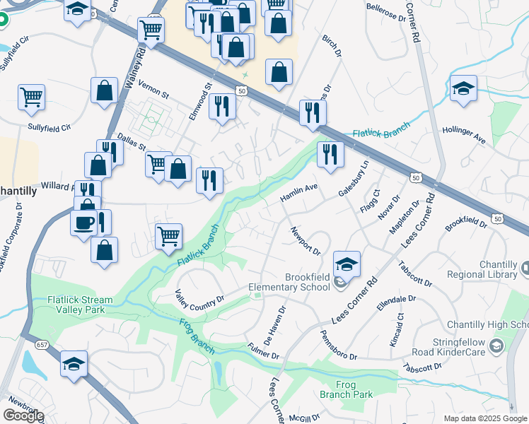 map of restaurants, bars, coffee shops, grocery stores, and more near 4151 Hamlin Court in Chantilly