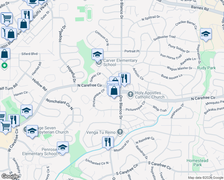 map of restaurants, bars, coffee shops, grocery stores, and more near 4040 Nonchalant Circle South in Colorado Springs