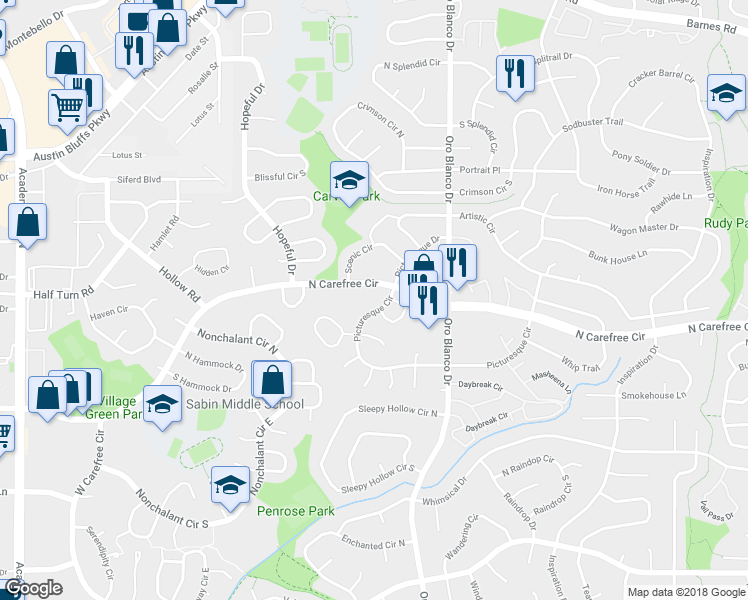 map of restaurants, bars, coffee shops, grocery stores, and more near 4523 North Carefree Circle in Colorado Springs