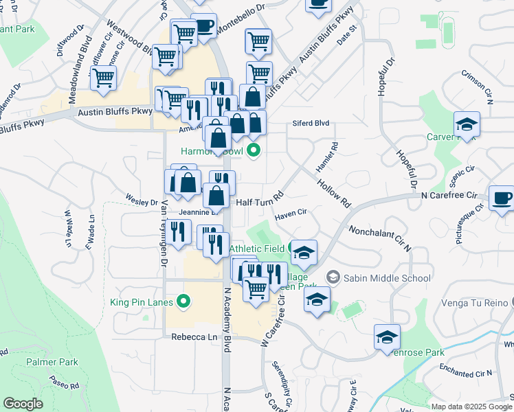 map of restaurants, bars, coffee shops, grocery stores, and more near 3807 Half Turn Road in Colorado Springs