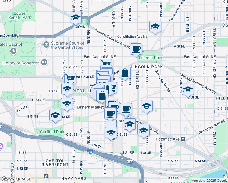 map of restaurants, bars, coffee shops, grocery stores, and more near 101 Independence Avenue Southeast in Washington