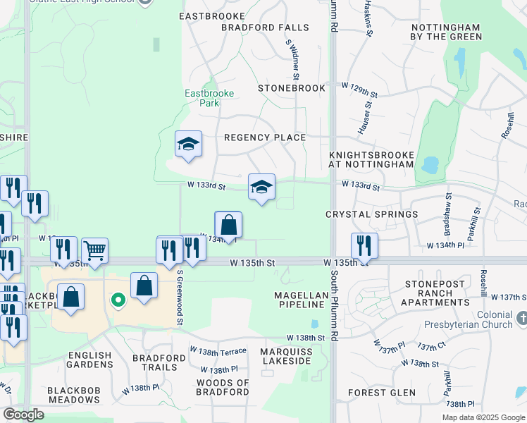 map of restaurants, bars, coffee shops, grocery stores, and more near 13775 West 133rd Street in Olathe