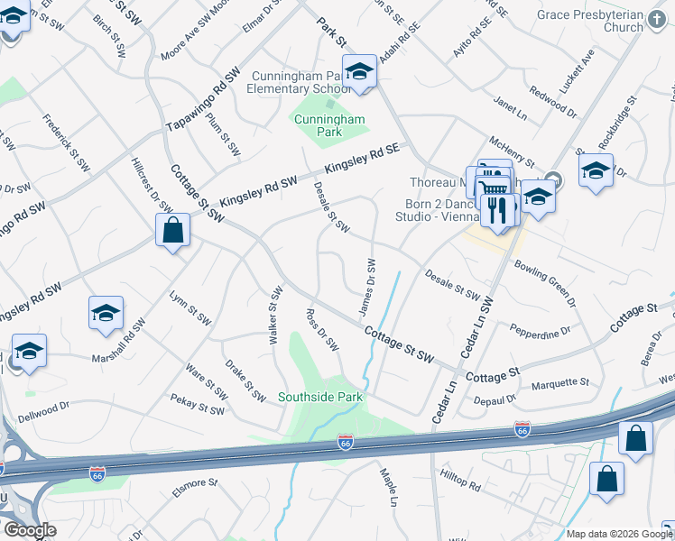 map of restaurants, bars, coffee shops, grocery stores, and more near 1211 Kelley Street Southwest in Vienna