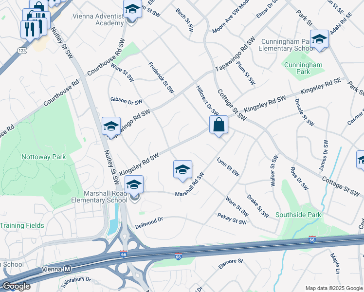map of restaurants, bars, coffee shops, grocery stores, and more near 516 Kingsley Road Southwest in Vienna