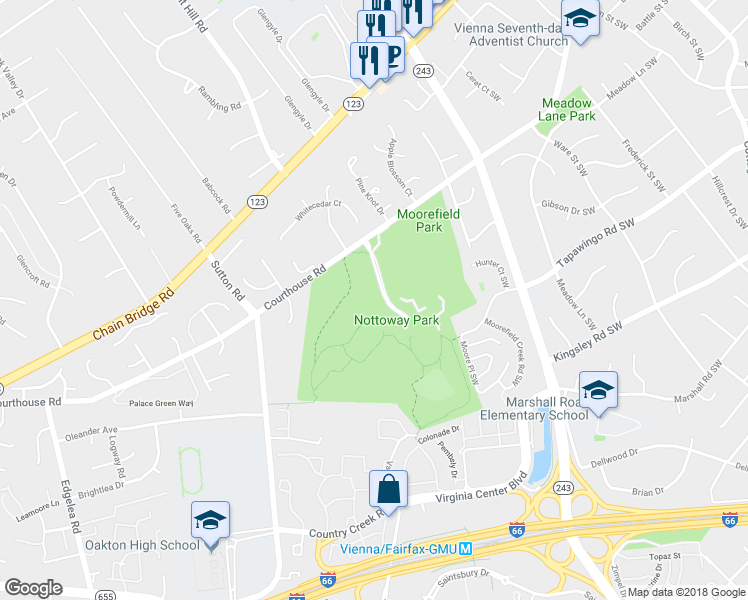 map of restaurants, bars, coffee shops, grocery stores, and more near 9601 Courthouse Road in Vienna