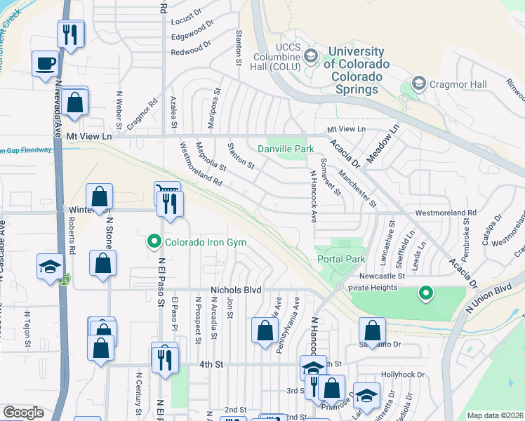 map of restaurants, bars, coffee shops, grocery stores, and more near 1123 Westmoreland Road in Colorado Springs