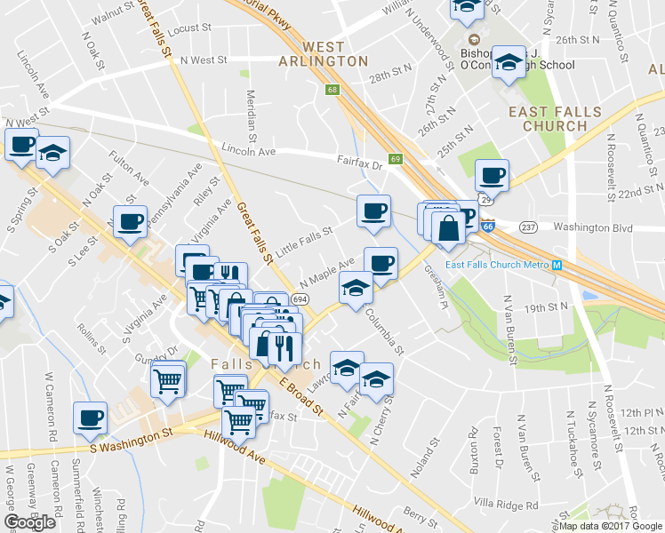 map of restaurants, bars, coffee shops, grocery stores, and more near 200 James Thurber Court in Falls Church