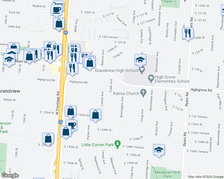 map of restaurants, bars, coffee shops, grocery stores, and more near 13105 Fuller Avenue in Grandview