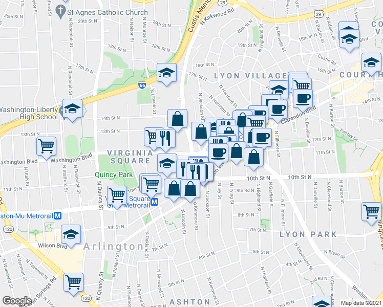 map of restaurants, bars, coffee shops, grocery stores, and more near Washington Blvd & N Kirkwood Rd in Arlington