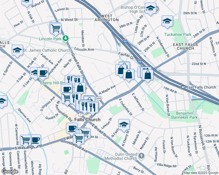 map of restaurants, bars, coffee shops, grocery stores, and more near 200 James Thurber Court in Falls Church