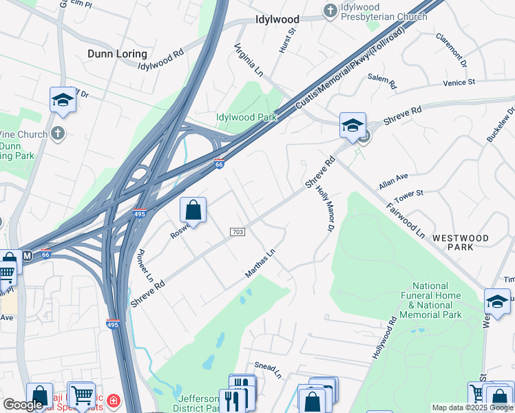 map of restaurants, bars, coffee shops, grocery stores, and more near 7753 Lions Gate Court in Falls Church