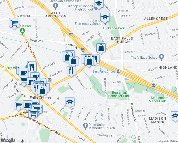 map of restaurants, bars, coffee shops, grocery stores, and more near 2118 North Westmoreland Street in Arlington