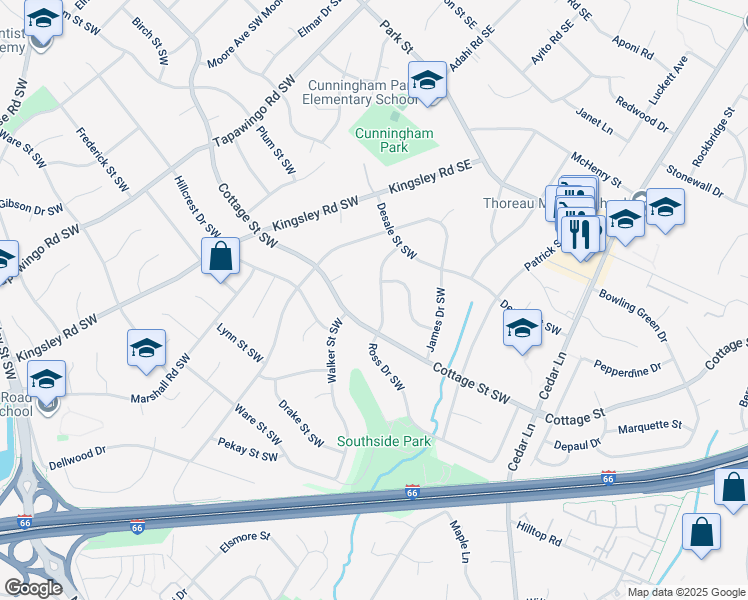 map of restaurants, bars, coffee shops, grocery stores, and more near 205 Ross Drive Southwest in Vienna