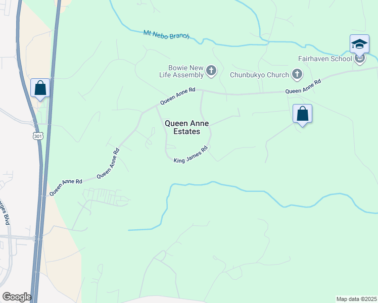 map of restaurants, bars, coffee shops, grocery stores, and more near 214 King James Road in Upper Marlboro