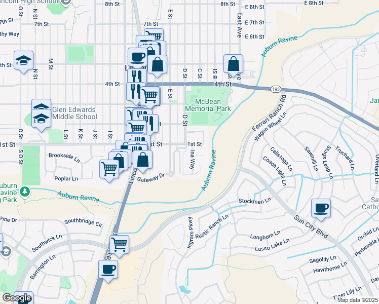 map of restaurants, bars, coffee shops, grocery stores, and more near 116 Ina Way in Lincoln