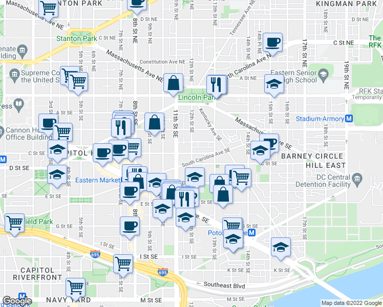 map of restaurants, bars, coffee shops, grocery stores, and more near C Street Southeast & 12th Street Southeast in Washington