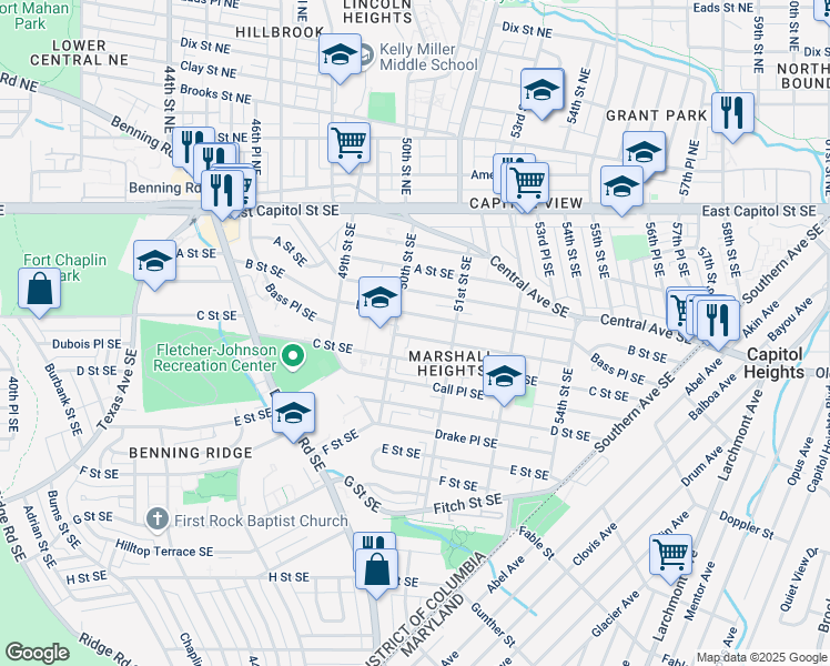 map of restaurants, bars, coffee shops, grocery stores, and more near 5012 Bass Place Southeast in Washington