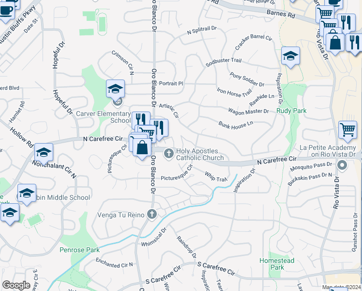 map of restaurants, bars, coffee shops, grocery stores, and more near 4826 Castledown Road in Colorado Springs