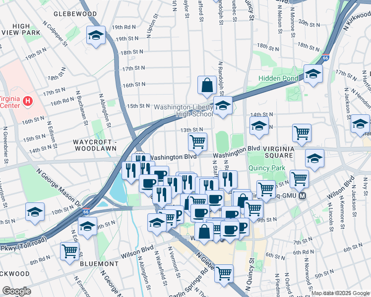map of restaurants, bars, coffee shops, grocery stores, and more near 1212 North Taylor Street in Arlington