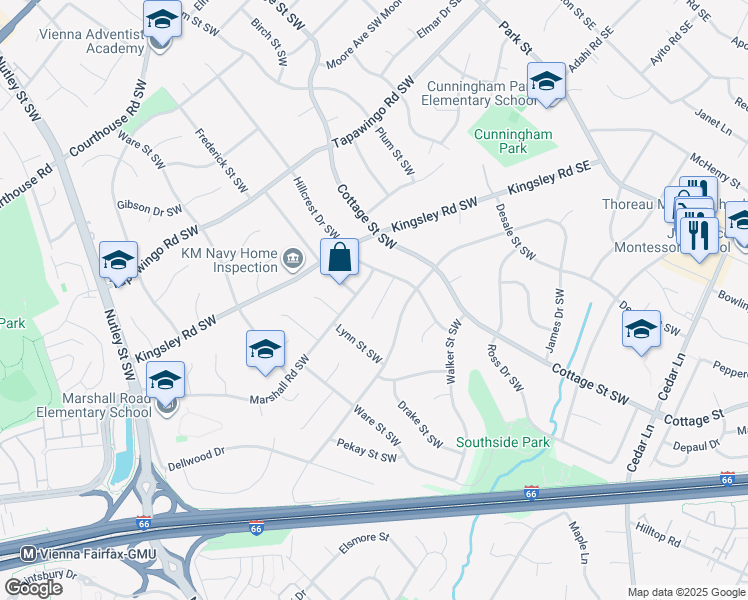 map of restaurants, bars, coffee shops, grocery stores, and more near 407 Orleans Circle Southwest in Vienna