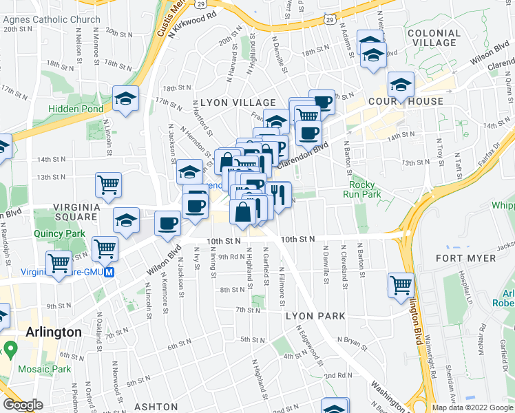 map of restaurants, bars, coffee shops, grocery stores, and more near 1038 North Garfield Street in Arlington