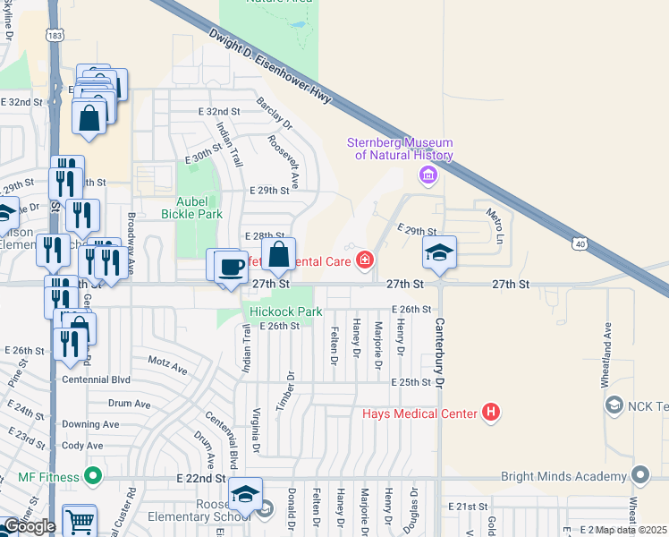 map of restaurants, bars, coffee shops, grocery stores, and more near 1801 East 27th Street in Hays