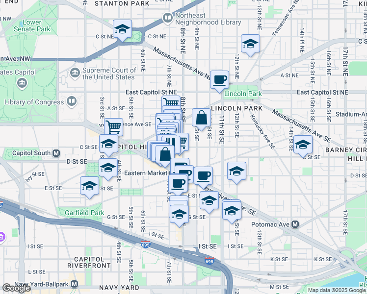 map of restaurants, bars, coffee shops, grocery stores, and more near 750 C Street Southeast in Washington