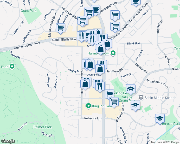 map of restaurants, bars, coffee shops, grocery stores, and more near 3618 Jeannine Drive in Colorado Springs