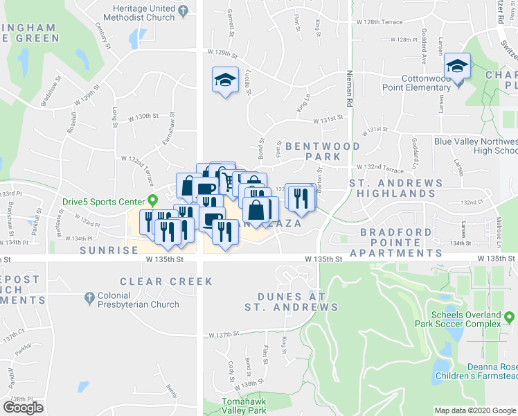 map of restaurants, bars, coffee shops, grocery stores, and more near 11608 West 135th Street in Overland Park