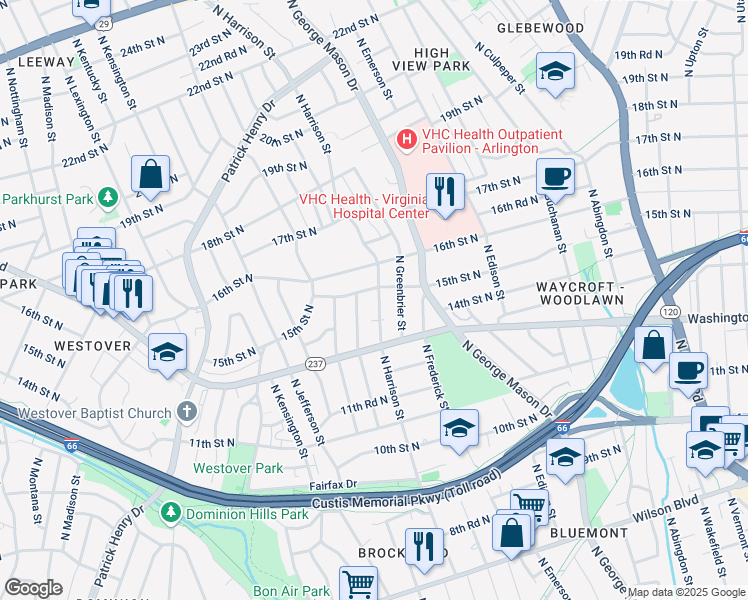 map of restaurants, bars, coffee shops, grocery stores, and more near 1406 North Harrison Street in Arlington