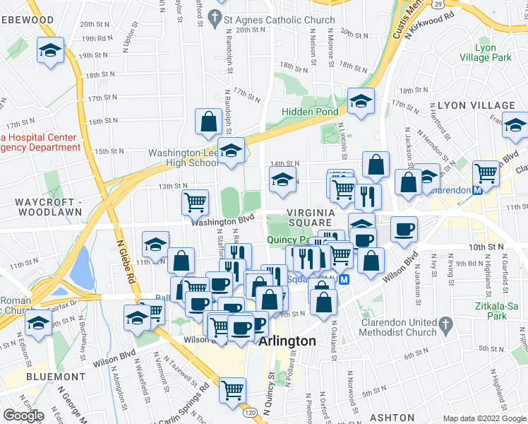 map of restaurants, bars, coffee shops, grocery stores, and more near Washington Boulevard & North Quincy Street in Arlington