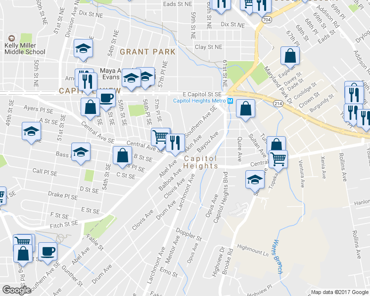 map of restaurants, bars, coffee shops, grocery stores, and more near 14 Akin Avenue in Capitol Heights