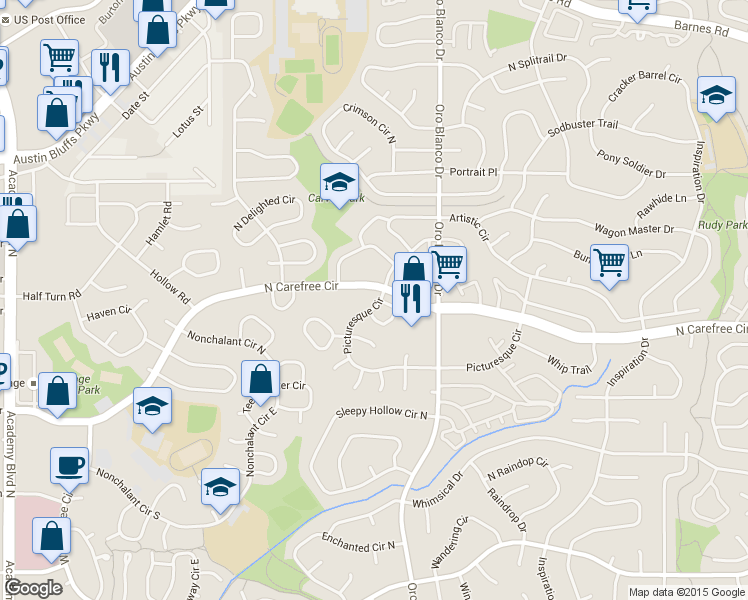 map of restaurants, bars, coffee shops, grocery stores, and more near 4523 North Carefree Circle in Colorado Springs