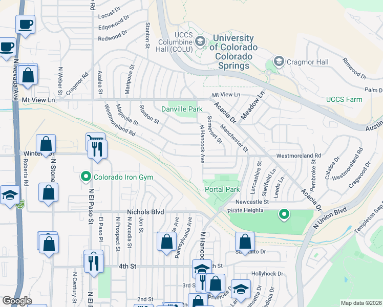 map of restaurants, bars, coffee shops, grocery stores, and more near 1188 Westmoreland Road in Colorado Springs