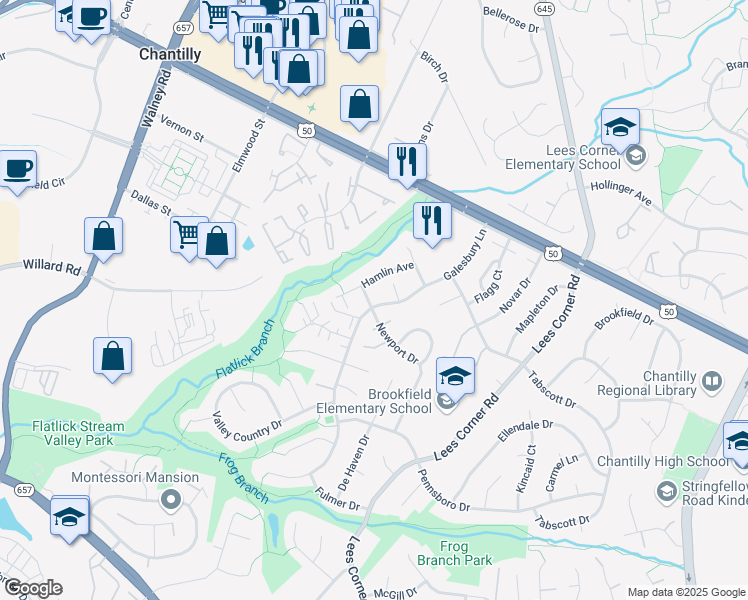 map of restaurants, bars, coffee shops, grocery stores, and more near 13802 Newport Lane in Chantilly