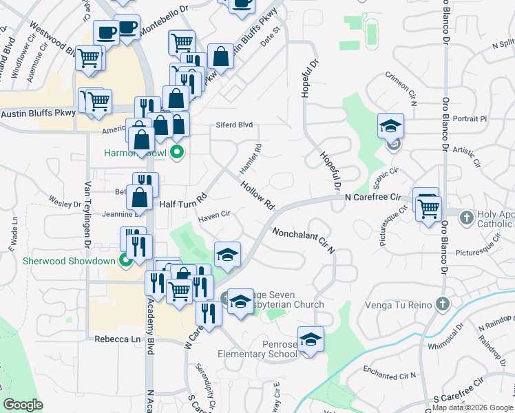 map of restaurants, bars, coffee shops, grocery stores, and more near 4096 Host Lane in Colorado Springs