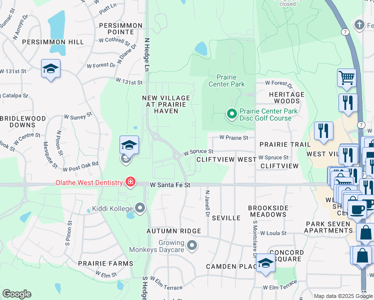map of restaurants, bars, coffee shops, grocery stores, and more near 1838 West Spruce Street in Olathe