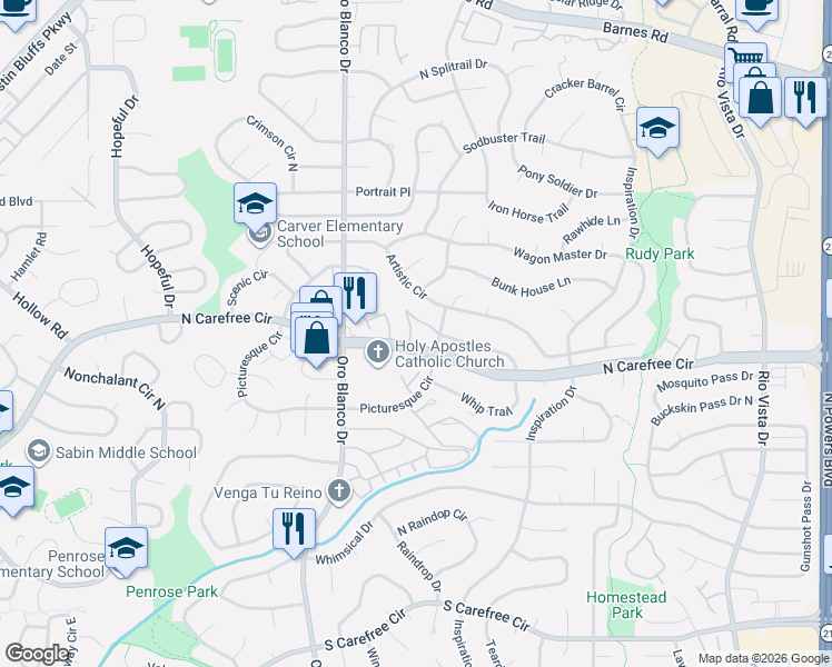 map of restaurants, bars, coffee shops, grocery stores, and more near 4826 Castledown Road in Colorado Springs