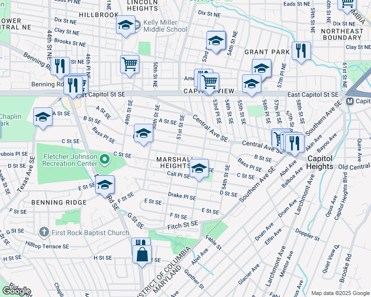 map of restaurants, bars, coffee shops, grocery stores, and more near 5117 B Street Southeast in Washington