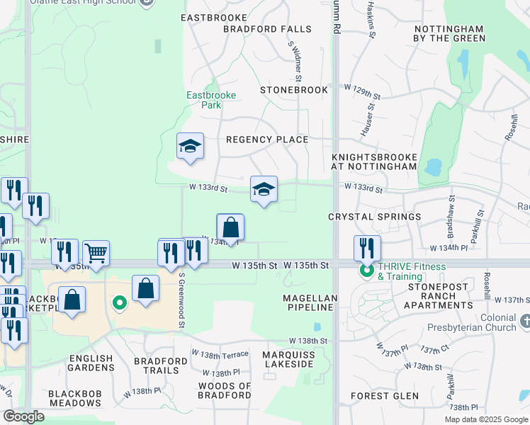map of restaurants, bars, coffee shops, grocery stores, and more near 13775 West 133rd Street in Olathe