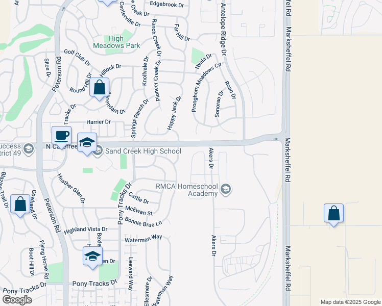 map of restaurants, bars, coffee shops, grocery stores, and more near 3719 Reindeer Circle in Colorado Springs