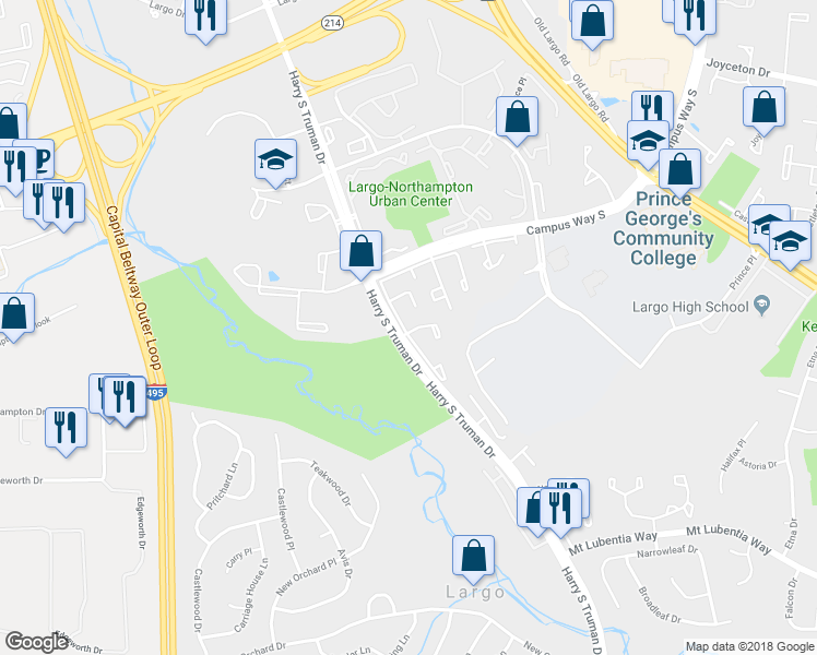map of restaurants, bars, coffee shops, grocery stores, and more near 288 Harry S Truman Drive in Upper Marlboro