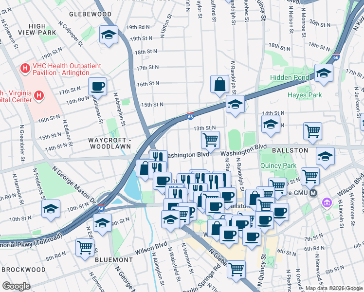 map of restaurants, bars, coffee shops, grocery stores, and more near 1215 North Vermont Street in Arlington