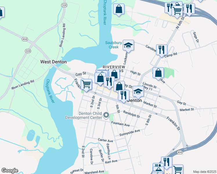map of restaurants, bars, coffee shops, grocery stores, and more near 317 Market Street in Denton