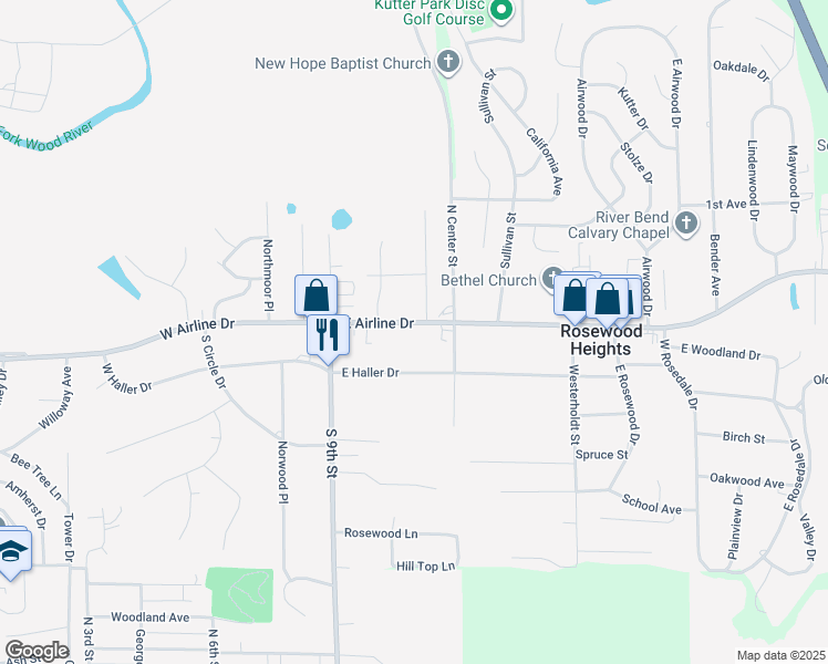 map of restaurants, bars, coffee shops, grocery stores, and more near 137 East Airline Drive in East Alton
