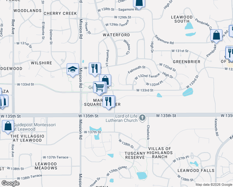 map of restaurants, bars, coffee shops, grocery stores, and more near 13338 Pawnee Lane in Leawood
