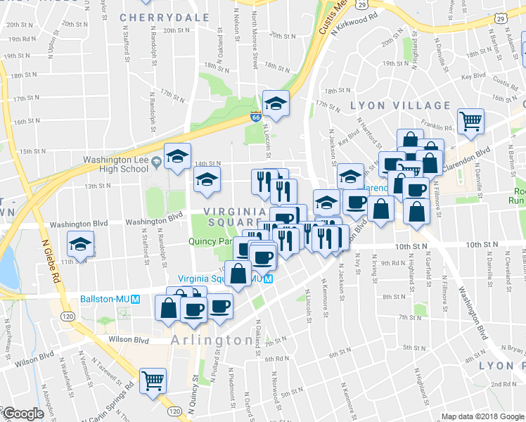 map of restaurants, bars, coffee shops, grocery stores, and more near Washington Boulevard & North Lincoln Street in Arlington