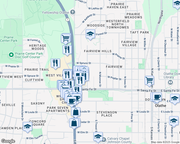 map of restaurants, bars, coffee shops, grocery stores, and more near 310 North Marion Street in Olathe