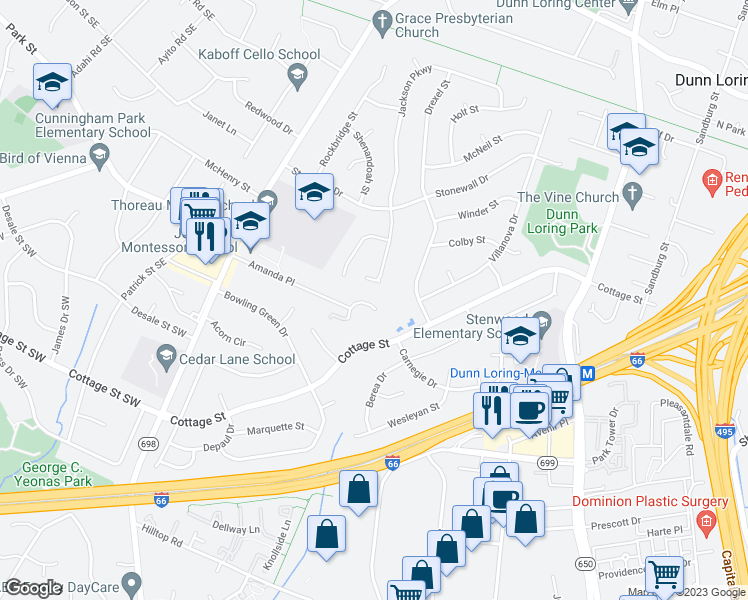 map of restaurants, bars, coffee shops, grocery stores, and more near 2606 Amanda Court in Vienna